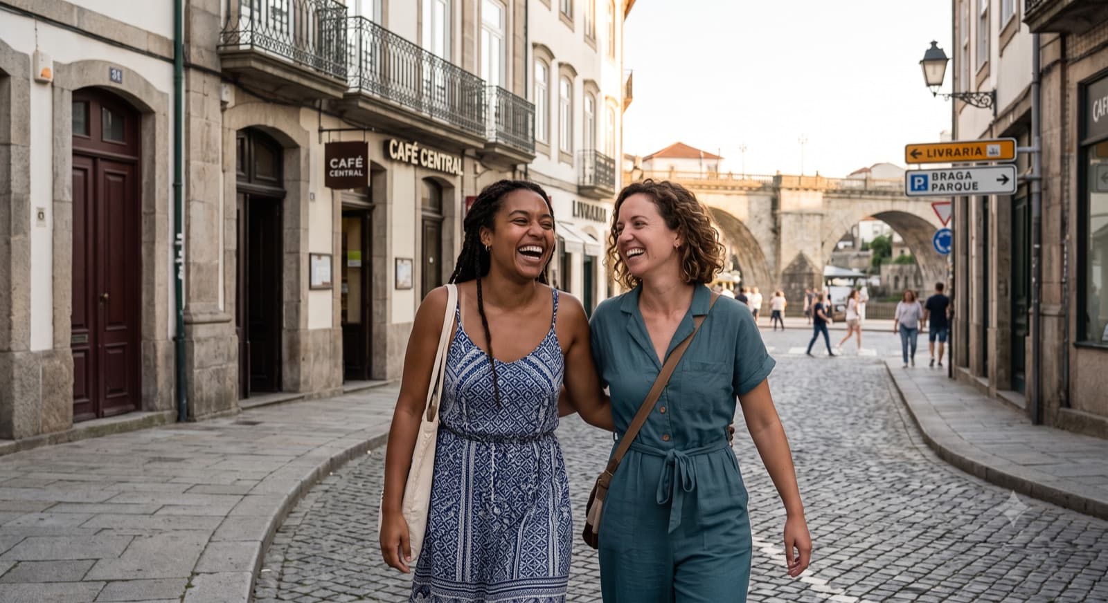 Two women walking through the old town, laughing