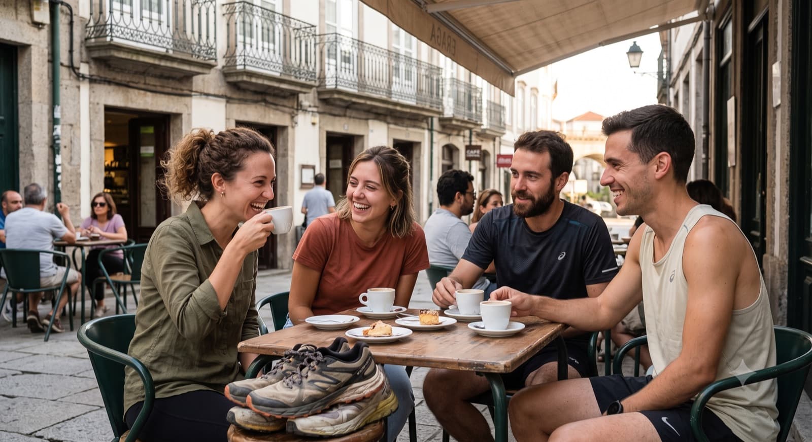 Four runners around a café table after a morning run, trail shoes on the table
