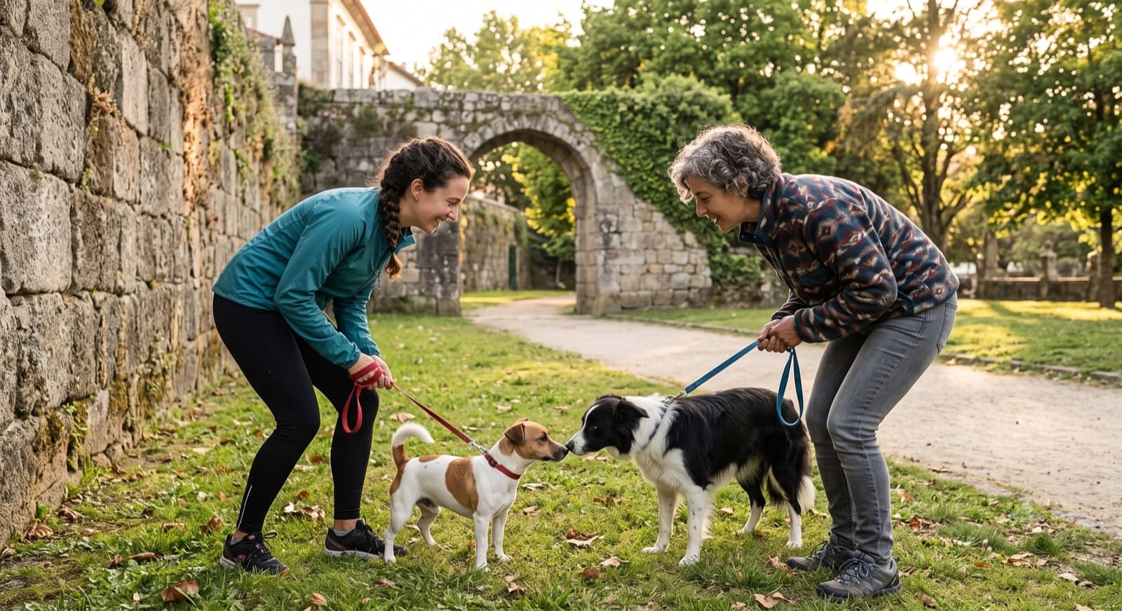 Two people meeting on a park path, letting their dogs greet each other