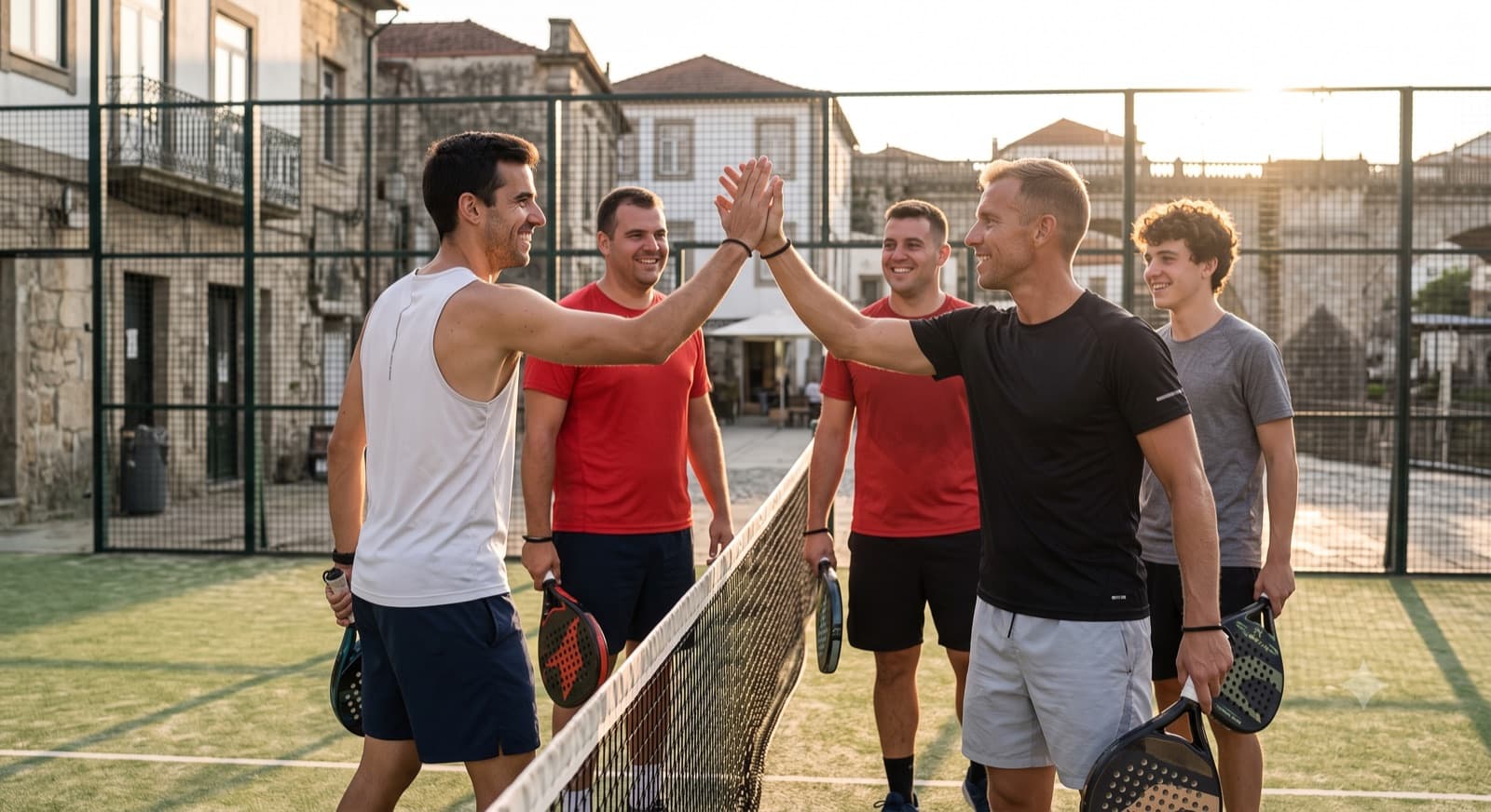 Four padel players high-fiving over the net at golden hour